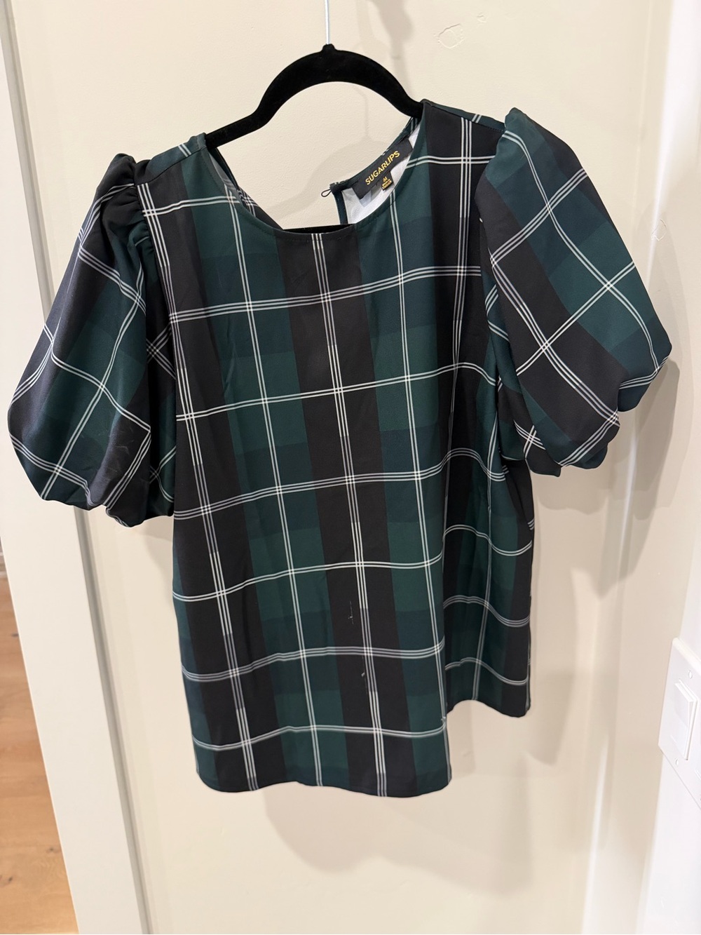 Sugarlips Green and Black Plaid Puff-Sleeve Blouse